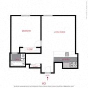 Floor plan for 1 bed, 1 bath, 475 sqft